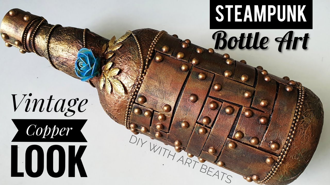 STEAMPUNK Bottle Art / Vintage Copper Look / Glass Bottle Decoration / Home Decor