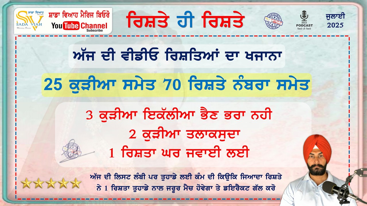 25 ਕੁੜੀਆ ਸਮੇਤ 70 ਰਿਸ਼ਤੇ ਨੋਟ ਕਰੋ | Sada viah rishte hi rishte