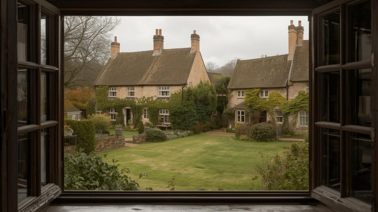 Window View Of English Country Cottage Garden Vintage Painting | Frame TV Art | 2-Hour Screensaver