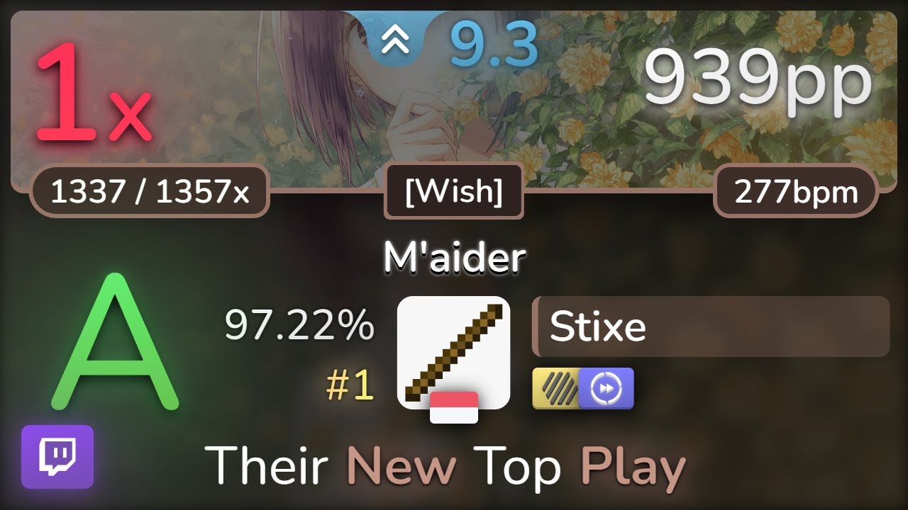 🔴 9.3⭐ Stixe | FROZEN QUALIA - M'aider [Wish] +HDDT 97.22% (#1 939pp 1❌) - osu!