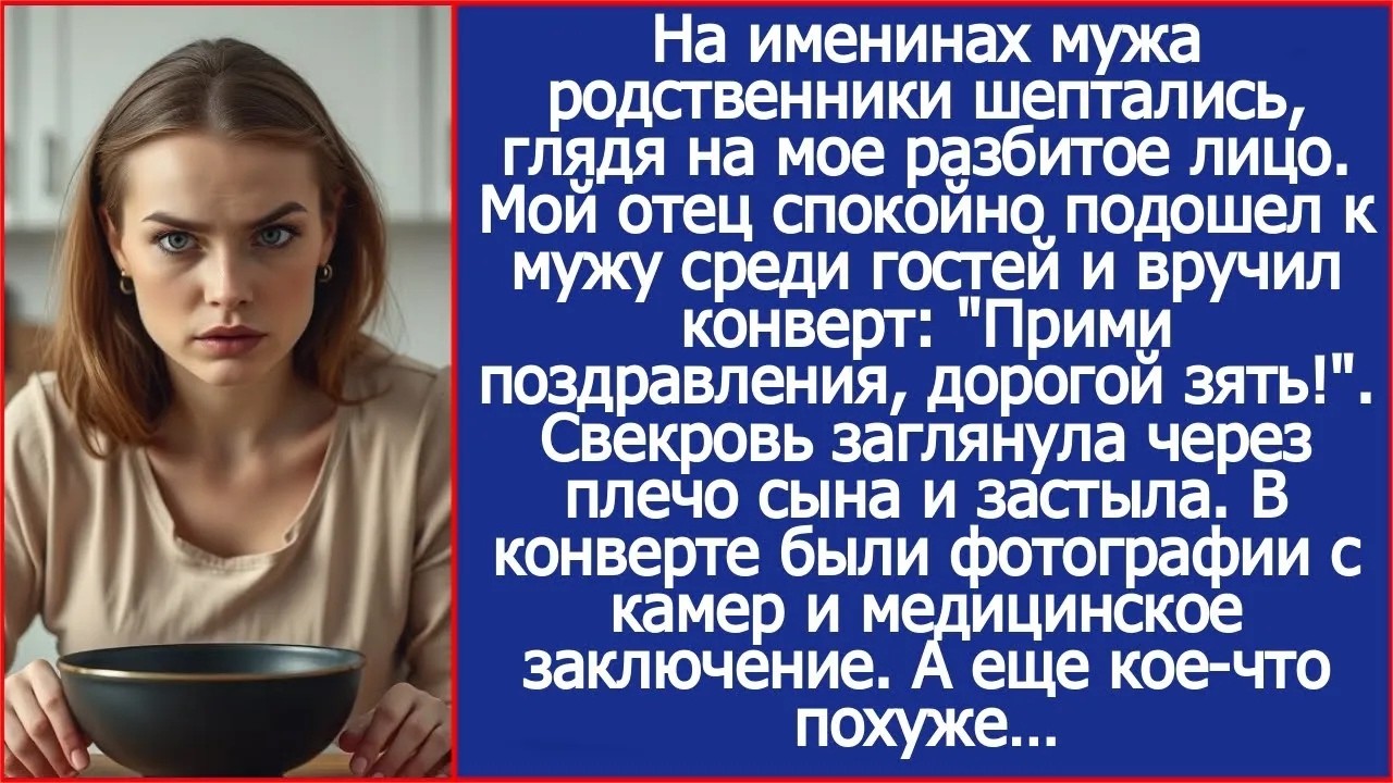 На именинах мужа родня шепталась, глядя на мое разбитое лицо  Тогда мой отец подошел к именинни