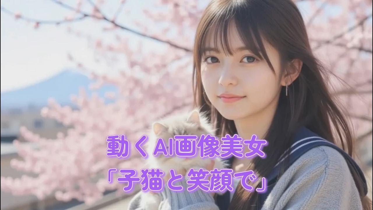 動くAI画像美女「子猫と笑顔で」