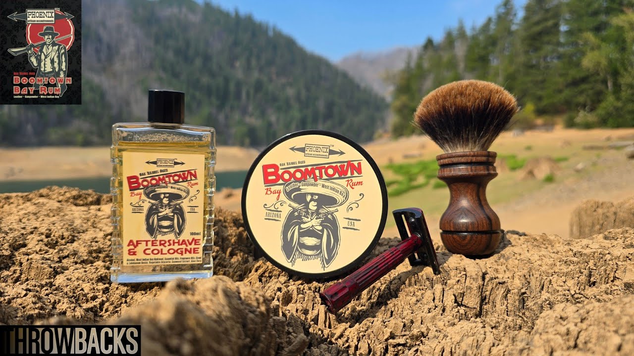 Boomtown Bay Rum Phoenix Shaving Review  Merkur 45 Bakelite Badger Brush 