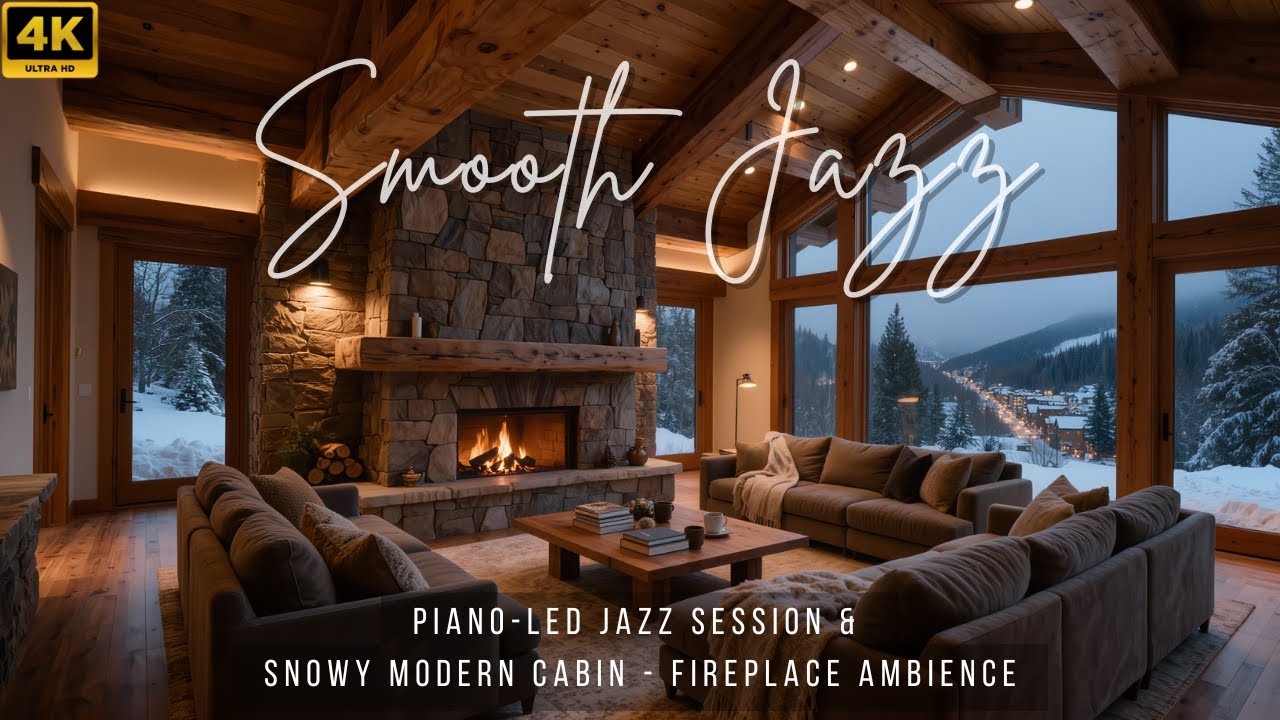 Luxury Winter Lodge ❄️ Cozy Fireplace, Piano-Led Smooth Jazz Session & Village View 4K UHD