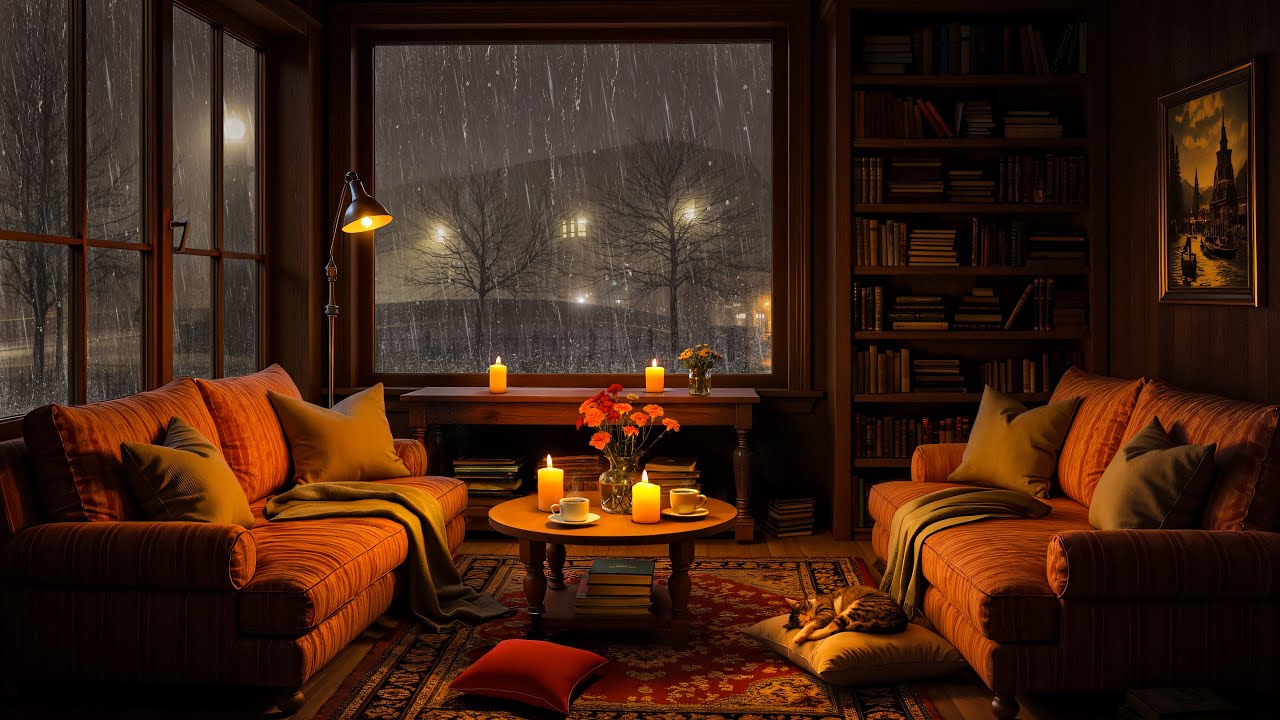 Late Night Jazz Vibes ☕ Cozy Book Room with Fireplace & Rainy Window
