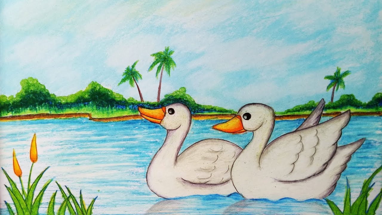 how to draw easy scenery with duck.Step by step(easy draw)