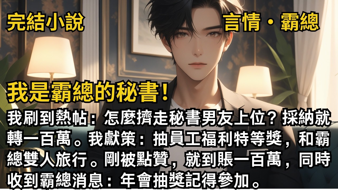 【完結小說】我是霸總的秘書！我刷到熱帖：怎麼擠走秘書男友上位？我獻策：抽員工福利特等獎，和秘書雙人旅行。剛被點贊，就收到霸總消息：年會抽獎記得參加。#一口氣看完 #小說 #故事 #完結 #甜文 #霸總