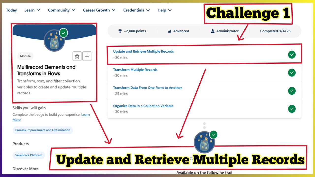 Update and Retrieve Multiple Records | Multirecord Elements and Transforms in Flows | Challenge 1