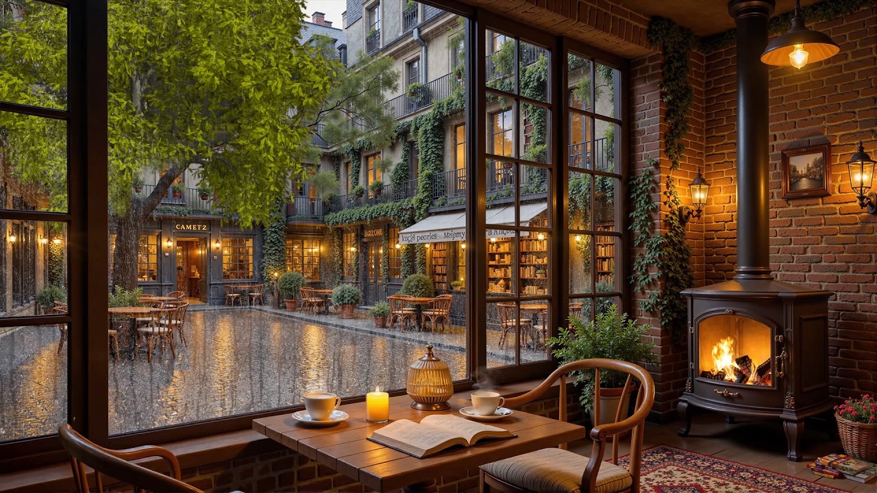 Cozy Rain at the Café Window ☕🌧️ Smooth Jazz Piano with Fireplace Sounds for Work & Relax