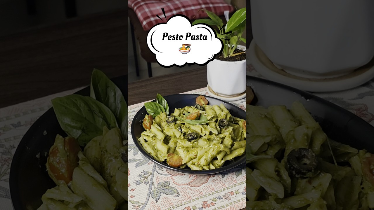 Fresh basil pesto pasta 🌿🍝 creamy, zesty, comforting and perfect for today! 