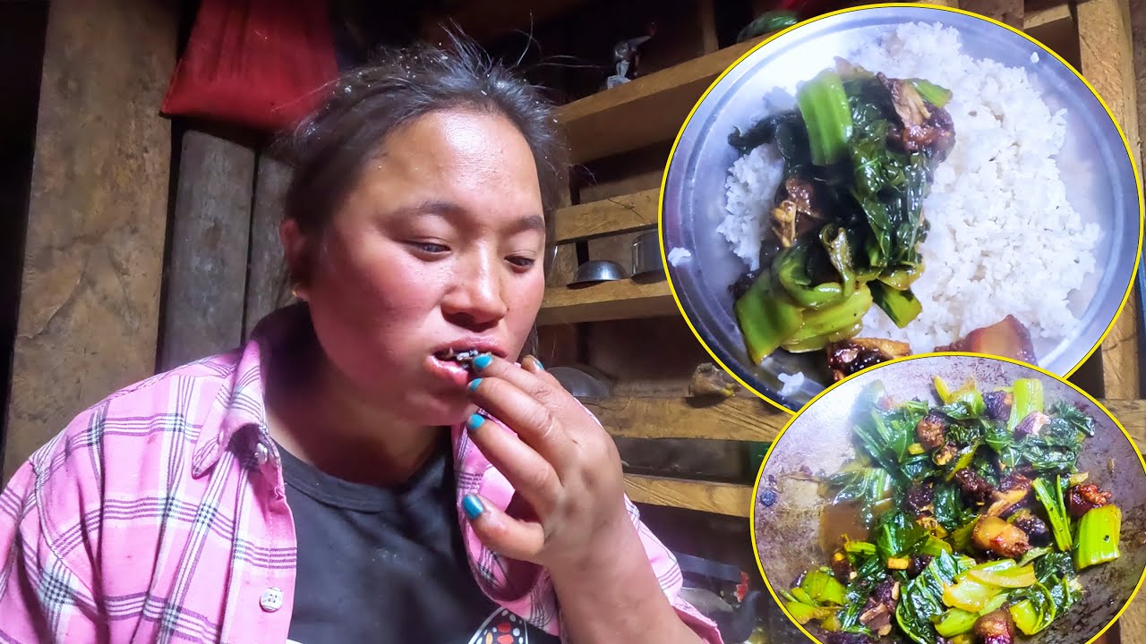 Jina cooking & eating Pork Curry & rice || Dinner time in sheep hut@sanjipjinarai