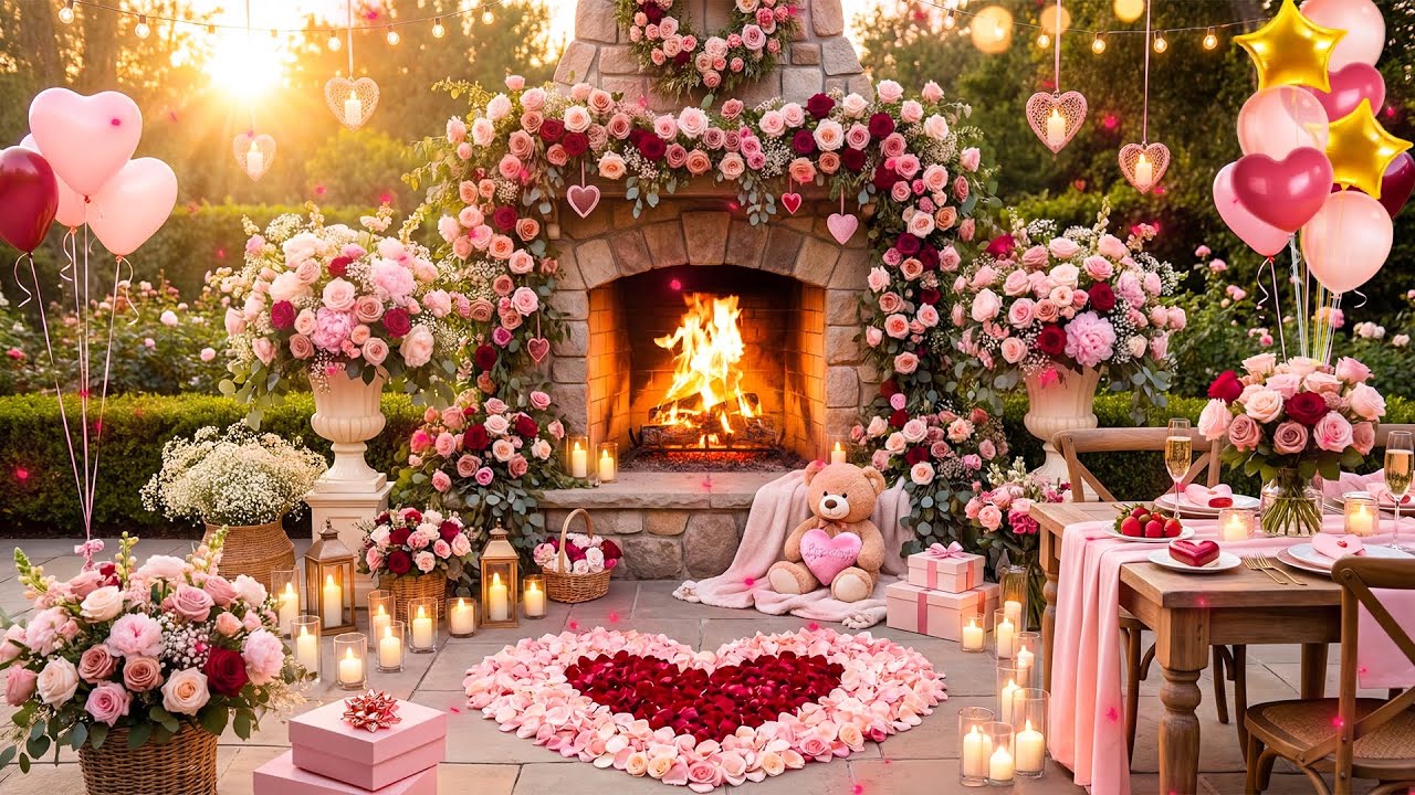 Cozy Outdoor Valentine’s Fireplace Ambience ❤️🌹Romantic Piano Music for Relaxing, Love, Calm & Sleep