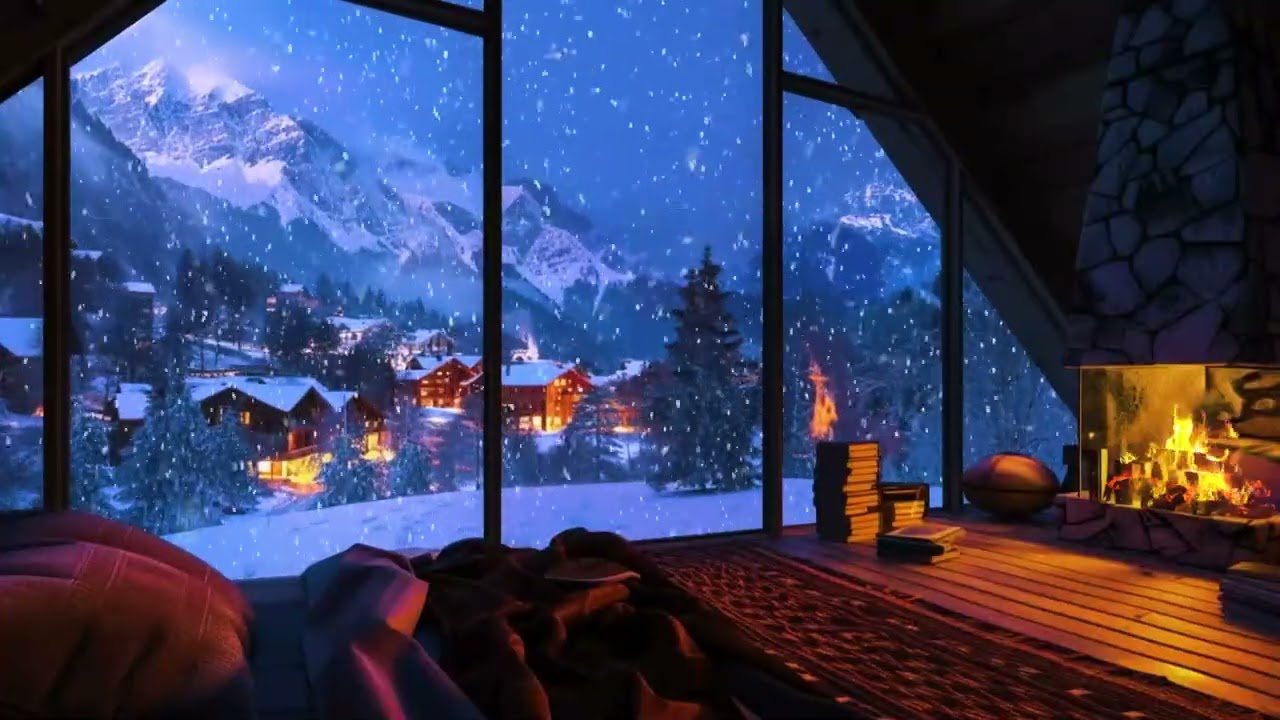 Peaceful Winter Cabin Night ❄️🔥 Fireplace Sounds with Gentle Snowfall for Calm Sleep