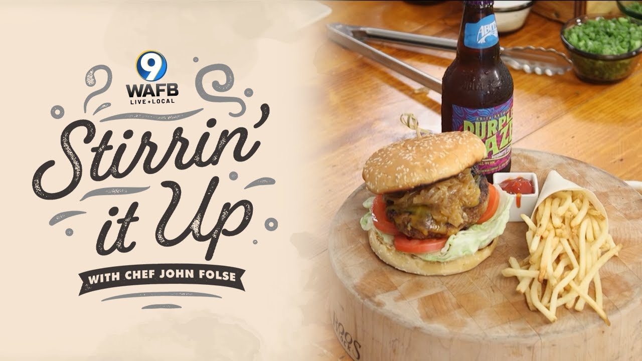 Pork, Brats, and Shrimp Burger with Caramelized Onion Relish
