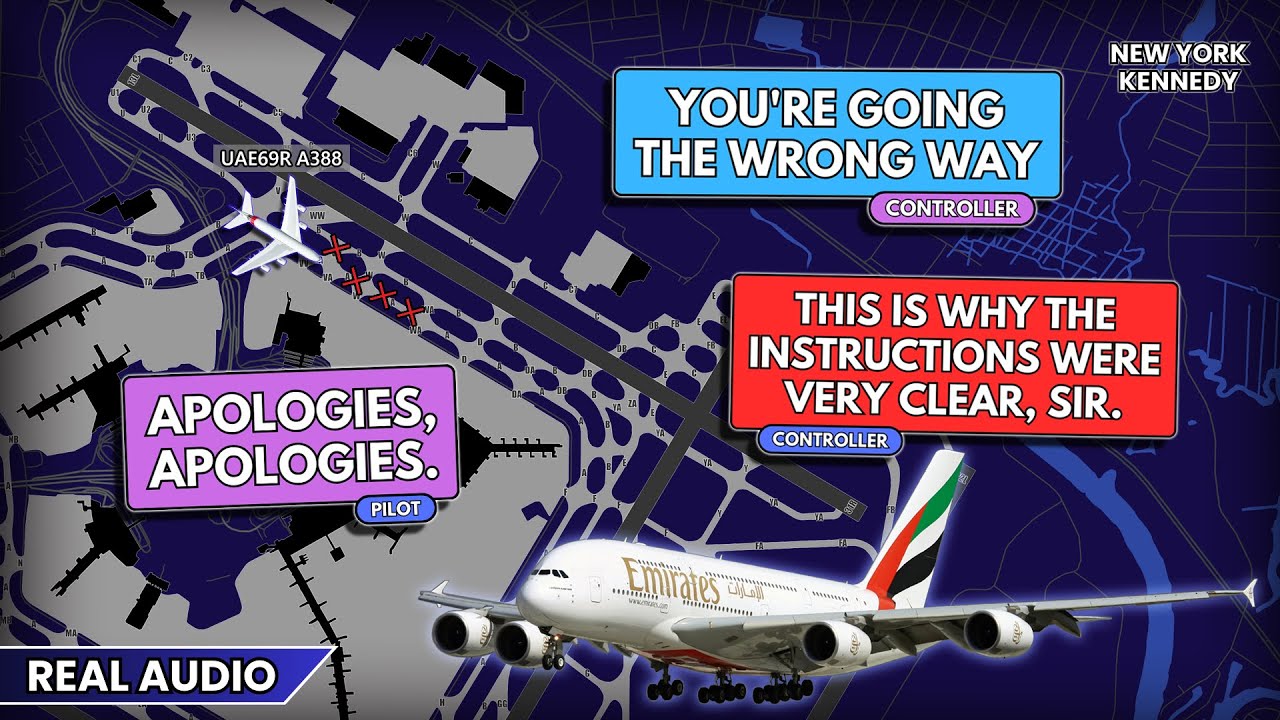Emirates Airbus A380 gets stuck for 90 MINUTES after wrong turn at Kennedy Airport. Real ATC