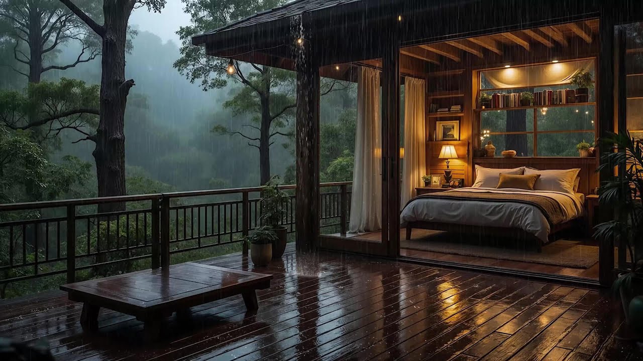 Best Rain in the Forest at Night 🌲 | Sleep Deeply with Warm Piano and Heavy Rain Sounds