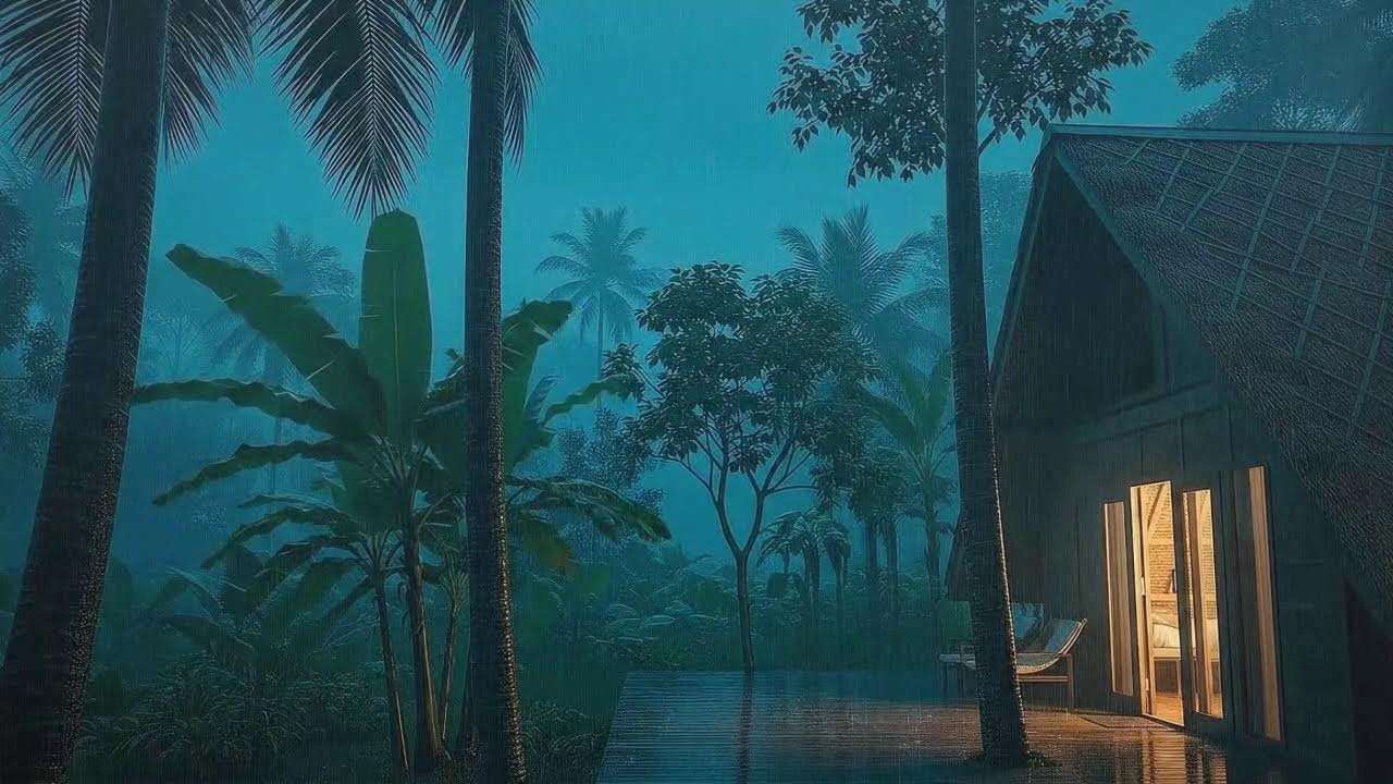 Quick Sleep with Light Rain Sounds and Distant Thunder Echo at Wooden Cabin Terrace 🌧️