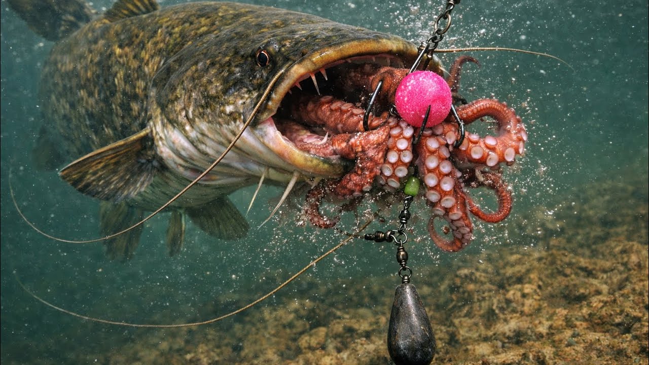 Silure au montage octopus sur une ligne 1 empile dans le courant et décollé du fond #fish #silure