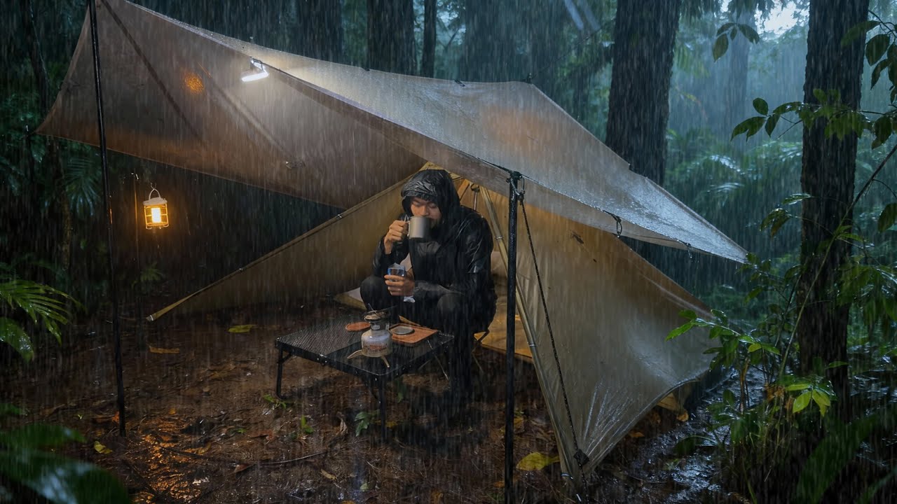 SOLO OVERNIGHT CAMPING IN THE RAIN - RELAXING IN THE TENT - RAIN SOUNDS