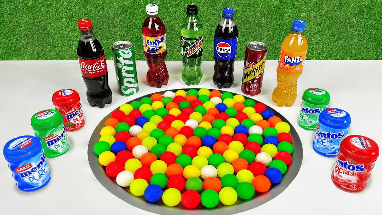 Mini Plastic Balls vs Popular Sodas !!! Coca Cola, Sprite, Fanta, Pepsi, Schweppes Mentos in toilet