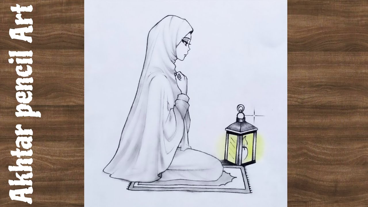 Hijabi Girl Drawing , 2026 Ramadan Drawing , Praying Girl Drawing , Muslim Girl Drawing , Pencil Art