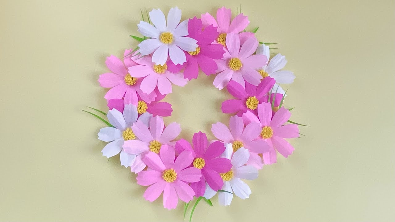 【折り紙・ペーパーフラワー】コスモスのリースの作り方／【Paper flower wreath】How to make   Cosmos