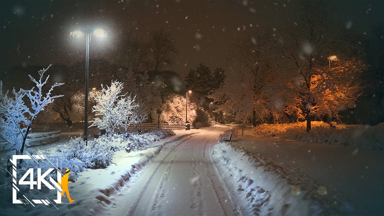Illuminated Snowy Night Walk in Winter Wonderland, Finland, Järvenpää