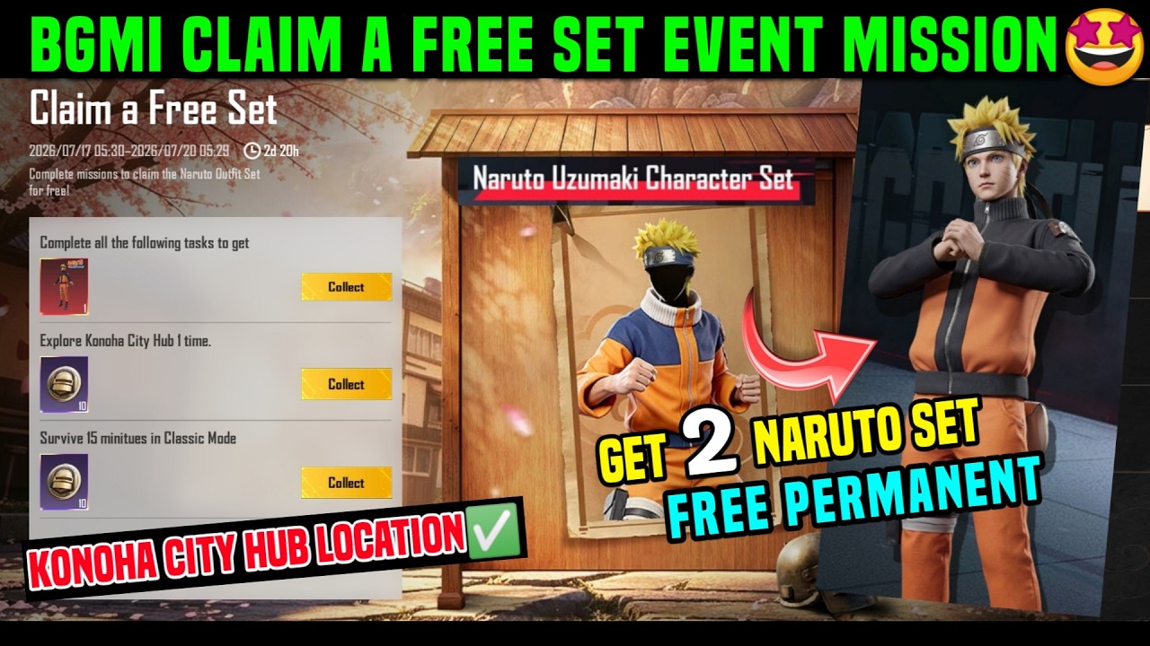 CLAIM A FREE SET BGMI EVENT / COMPLETE ALL THE FOLLOWING TASKS TO GET / BGMI ME NARUTO SET KAISE LE