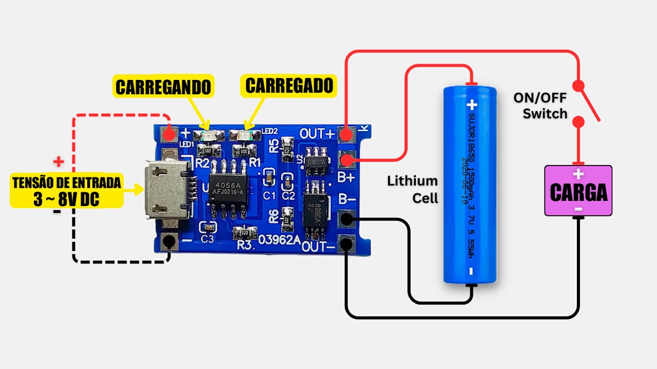 Módulo TP4056 carregador de baterias de Íons lítios