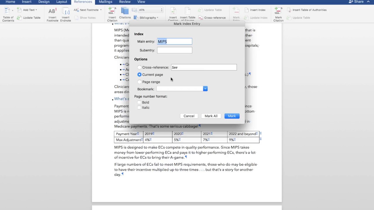 Creating Index Entries in Microsoft Word