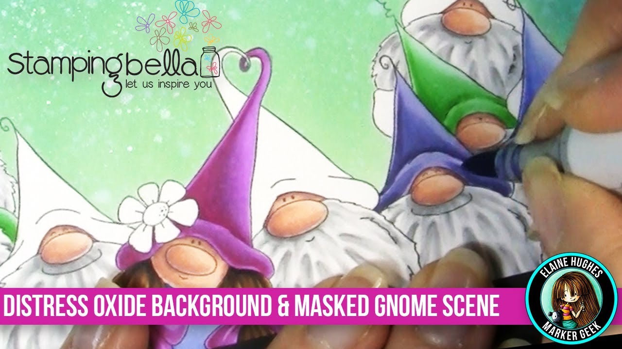 Stamping Bella Masked Gnome Scene Card with Distress Oxide Background