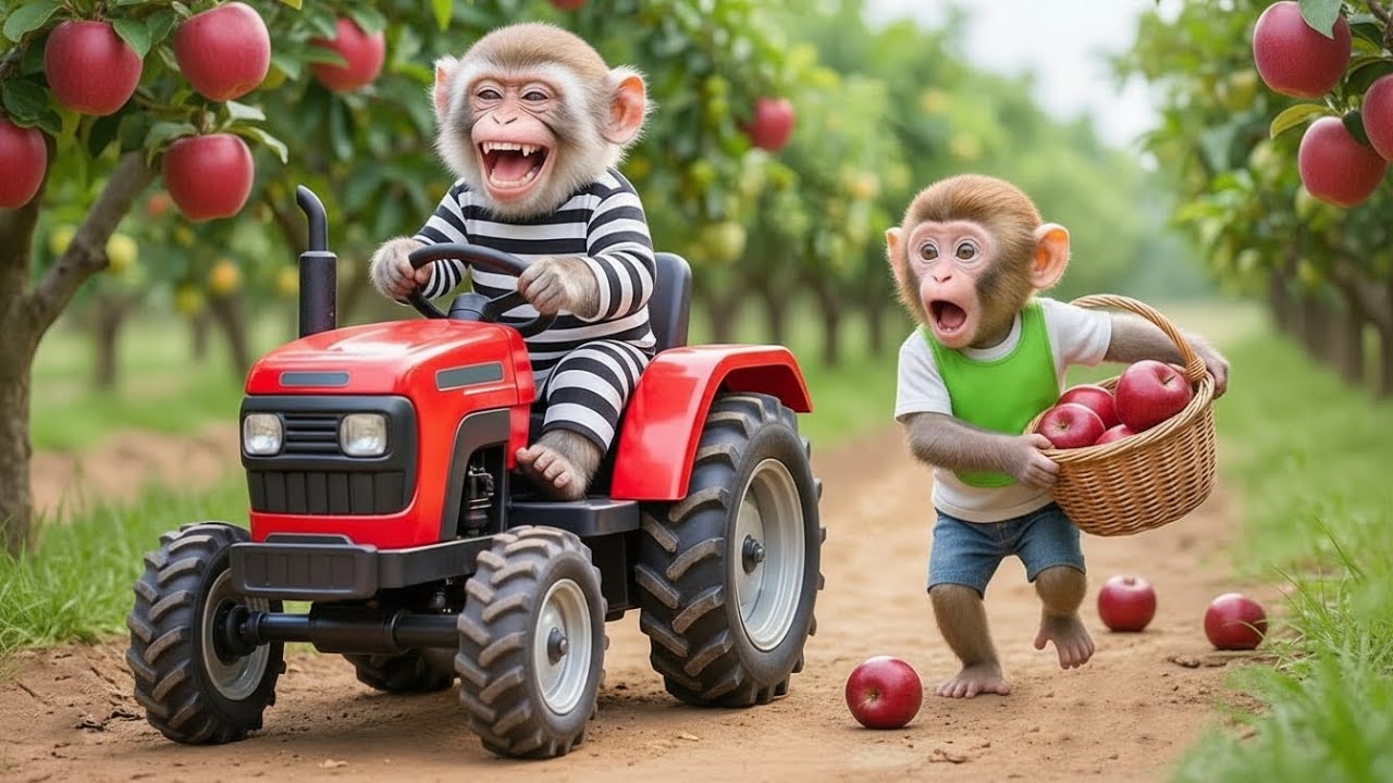 🍎🚜 Baby Monkey Loses His Tractor While Harvesting Apples, Leading to a Funny Chase! 🐵😂