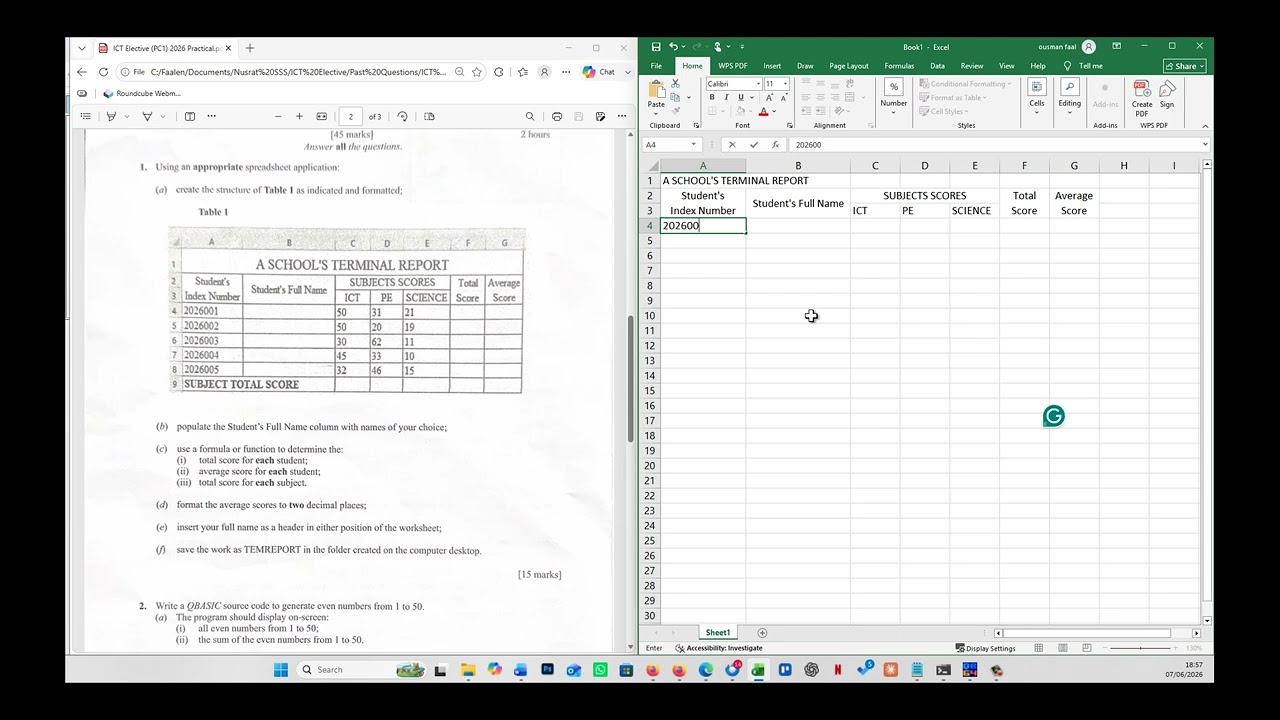 WASSCE ICT Elective (PC1) 2026 | SPREADSHEET [Solved]