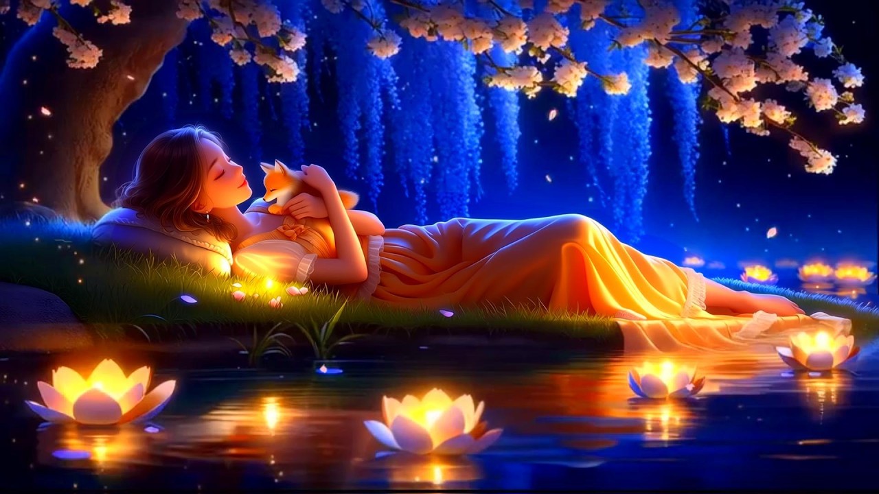 (No Ads)Anxiety Relief Under Weeping Cherry Blossoms | Lotus Lights & Piano for Deep Sleep(7 Hours)