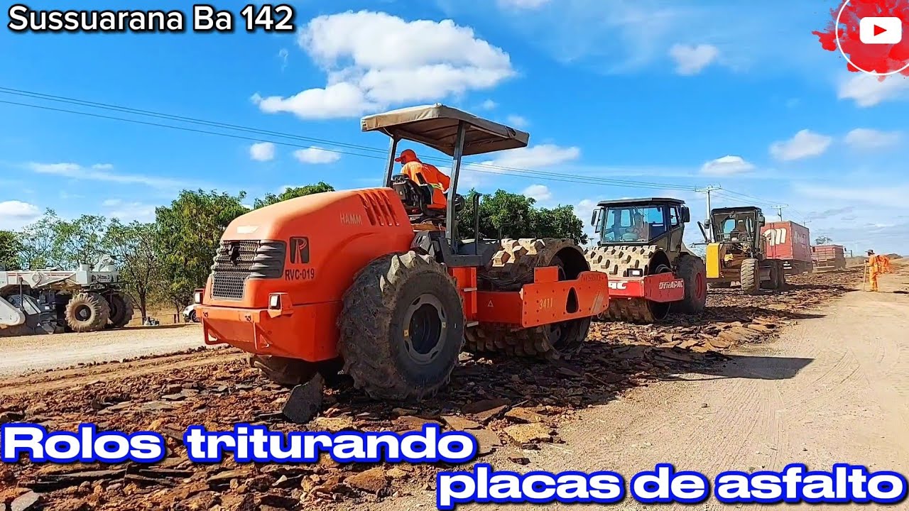 Patrol e rolos compactadores trabalhando na reconstrução da ba 142 , parte 3