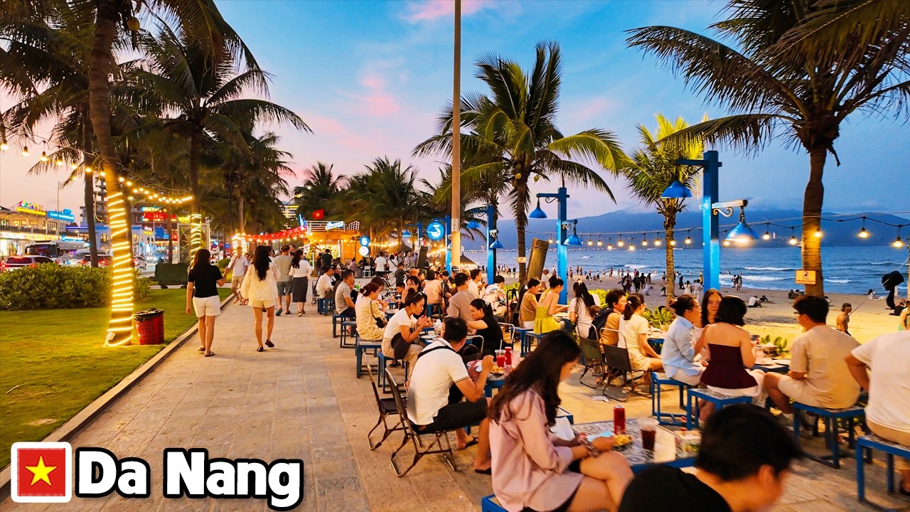 DA NANG VIETNAM Sunset to Night at My Khe Beach - REAL Chill Busy Atmosphere Here