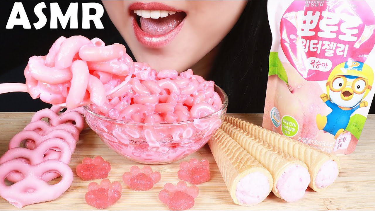 ASMR EATING SOUNDS PINK FOOD MAC & CHEESE, PRETZELS, PORORO 뽀로로  GUMMY No talking Abbey ASMR 咀嚼音