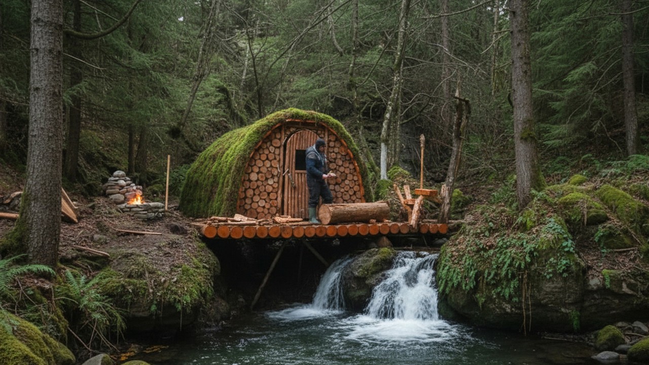 Building a Small Wooden House by the River in the Forest