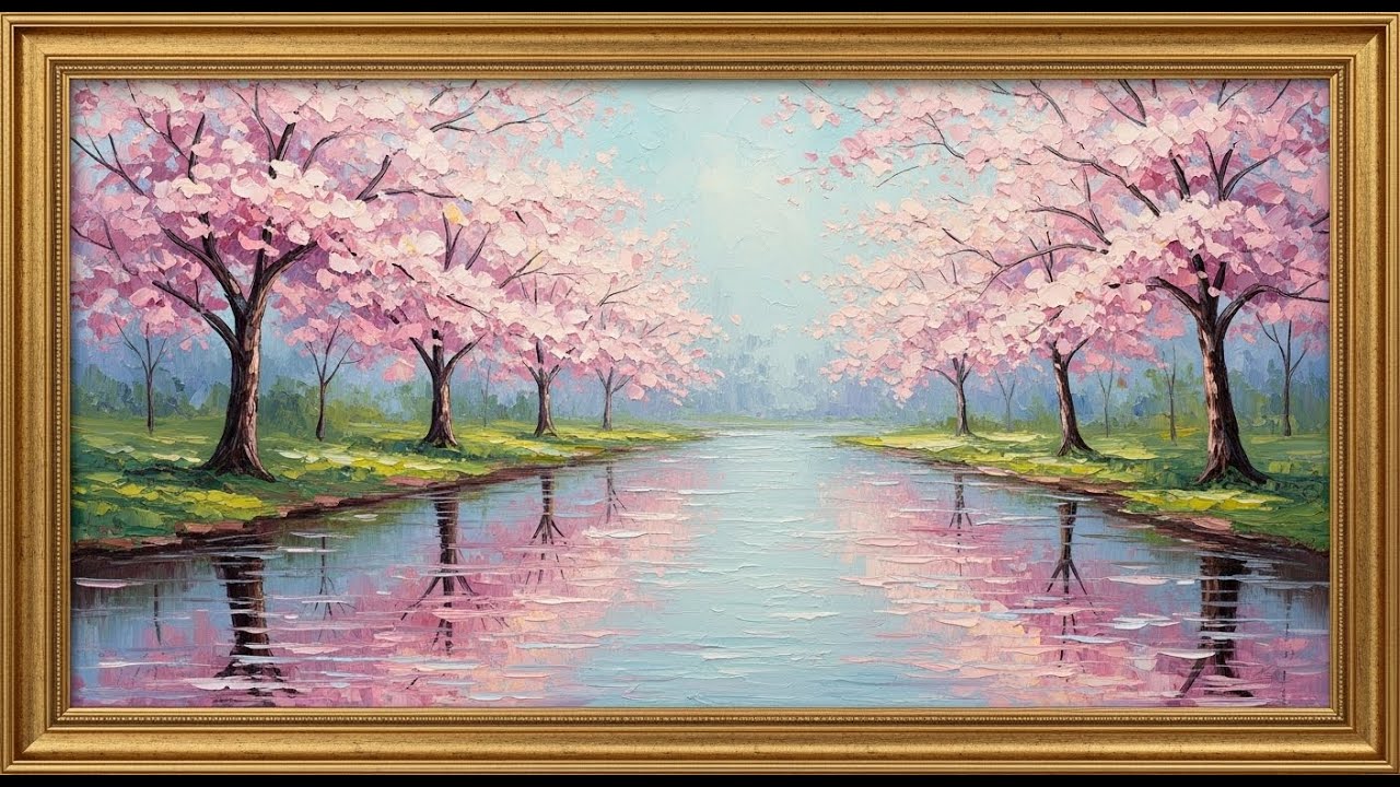Frame TV Art With Music: Pink Cherry Blossoms River | Samsung Frame TV Art | 4K Impasto Landscape