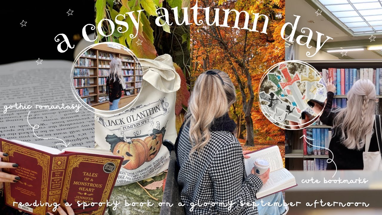 spend a cosy autumn afternoon with me 🧸🍂🎃✨reading a spooky book, library trip, decorating for fall 🤎