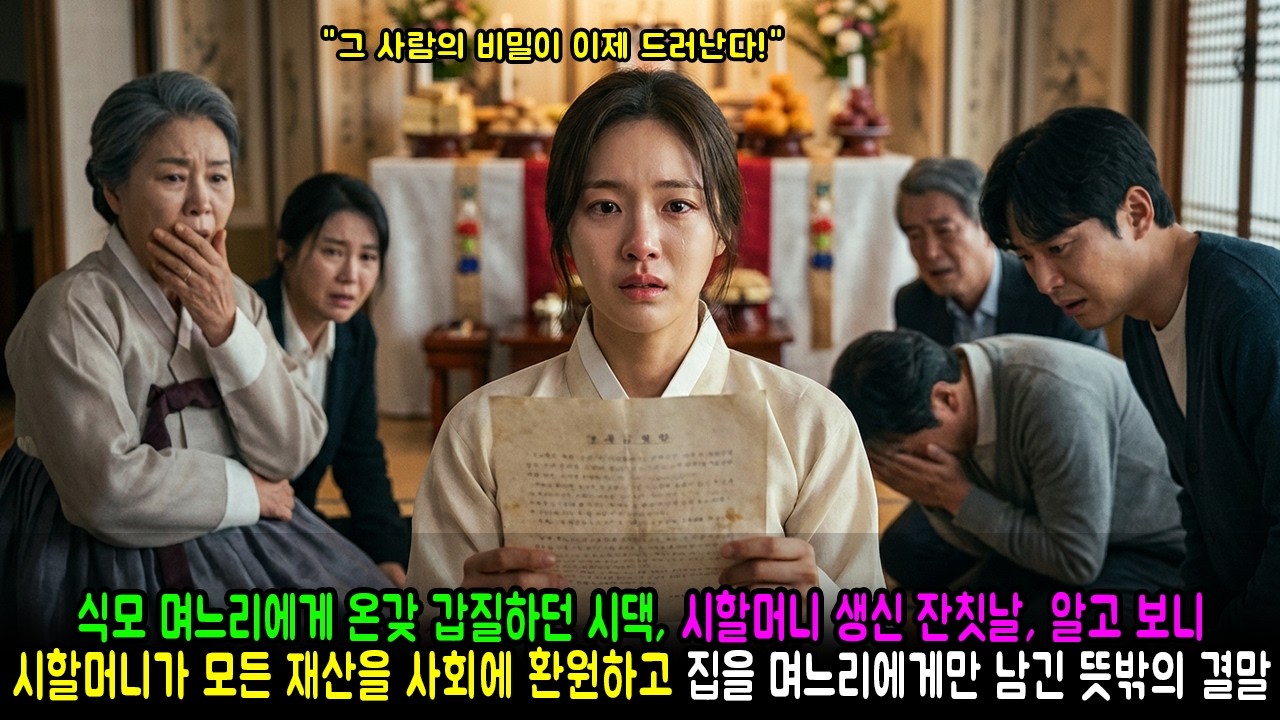 식모 며느리에게 온갖 갑질하던 시댁, 시할머니 생신 잔칫날, 알고 보니 시할머니가 모든 재산을 사회에 환원하고 집을 며느리에게만 남긴 뜻밖의 결말