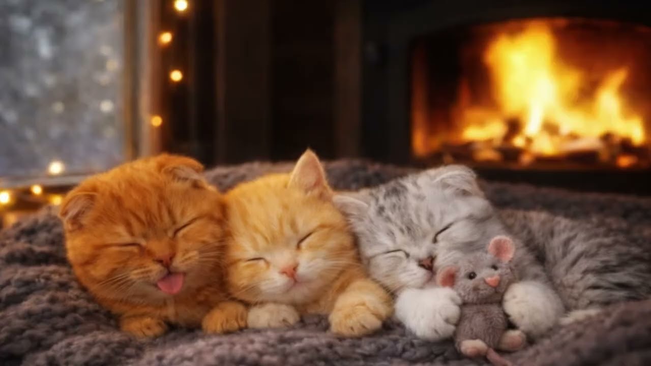 Sleeping Cats by Fireplace 24/7 🔥 Cozy Crackling Fire Sounds