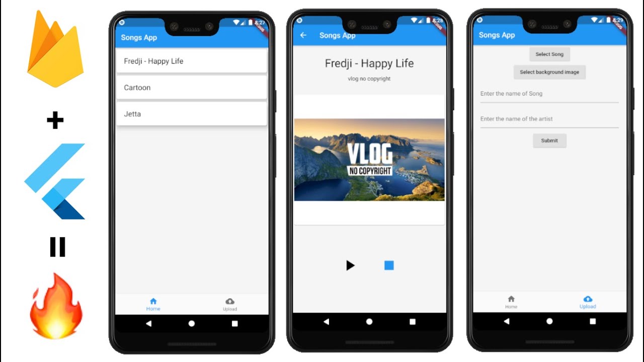 Create Music Player app in flutter using Firebase (Cloud_firestore and firebase_storage ) package.