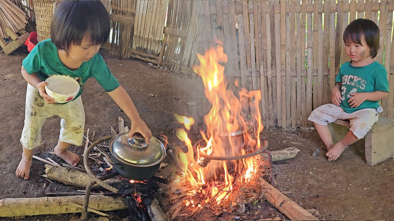 The little girl let the puppy go with its mother, and lit a fire to cook corn to eat.