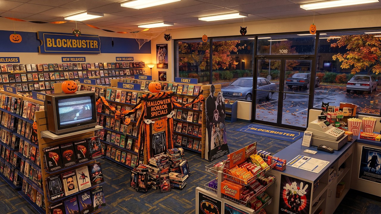 Rainy Fall Night at Blockbuster in the 1980's 🎃📼 | Cozy 80s Nostalgic Ambience | Synthwave & Lofi