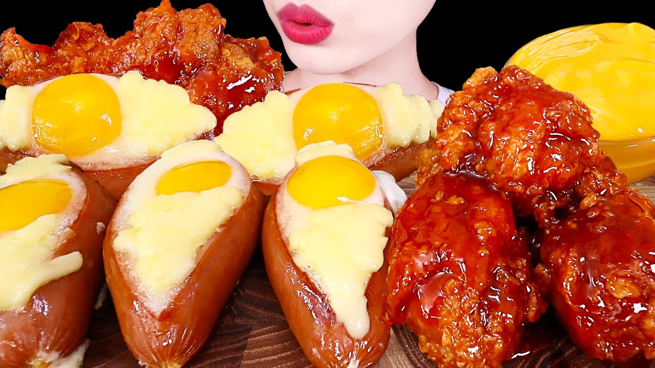 ASMR MUKBANG｜FRIED CHICKEN, FRIED EGG SAUSAGE, CHEESE SAUCE 양념치킨 소세지 반숙계란후라이 치즈소스 EATING SOUNDS 먹방