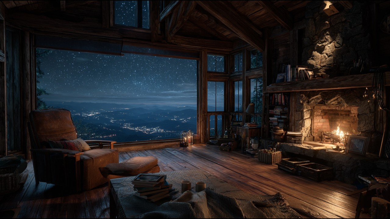 Cozy Cabin Fireplace at Night 🔥 Starry Mountain View | 3 Hours Relaxing Ambience