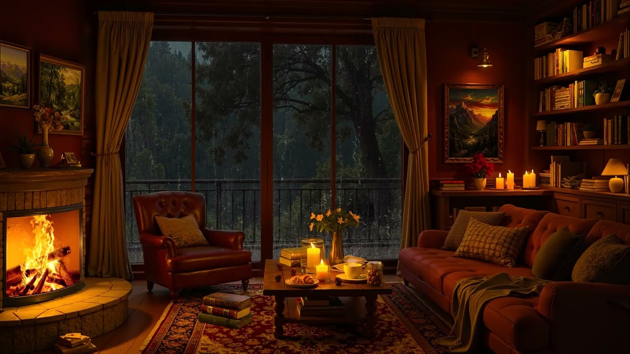 Cozy Room Ambience on Rainy Night 🔥 Soft Jazz with Rain & Fireplace Sounds for Relax, Study, Sleep