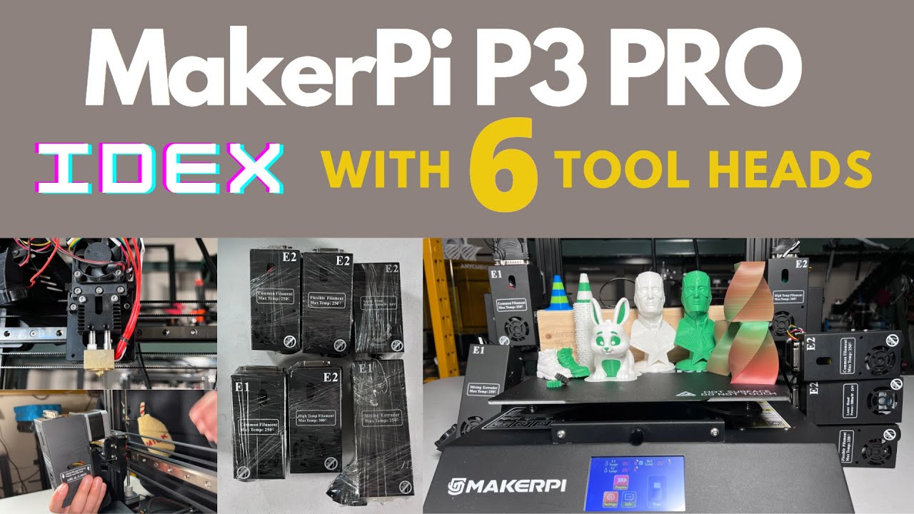MakerPi P3 Pro IDEX 3D Printer, 6 interchangeable tool heads, dual-color printing, laser engraving