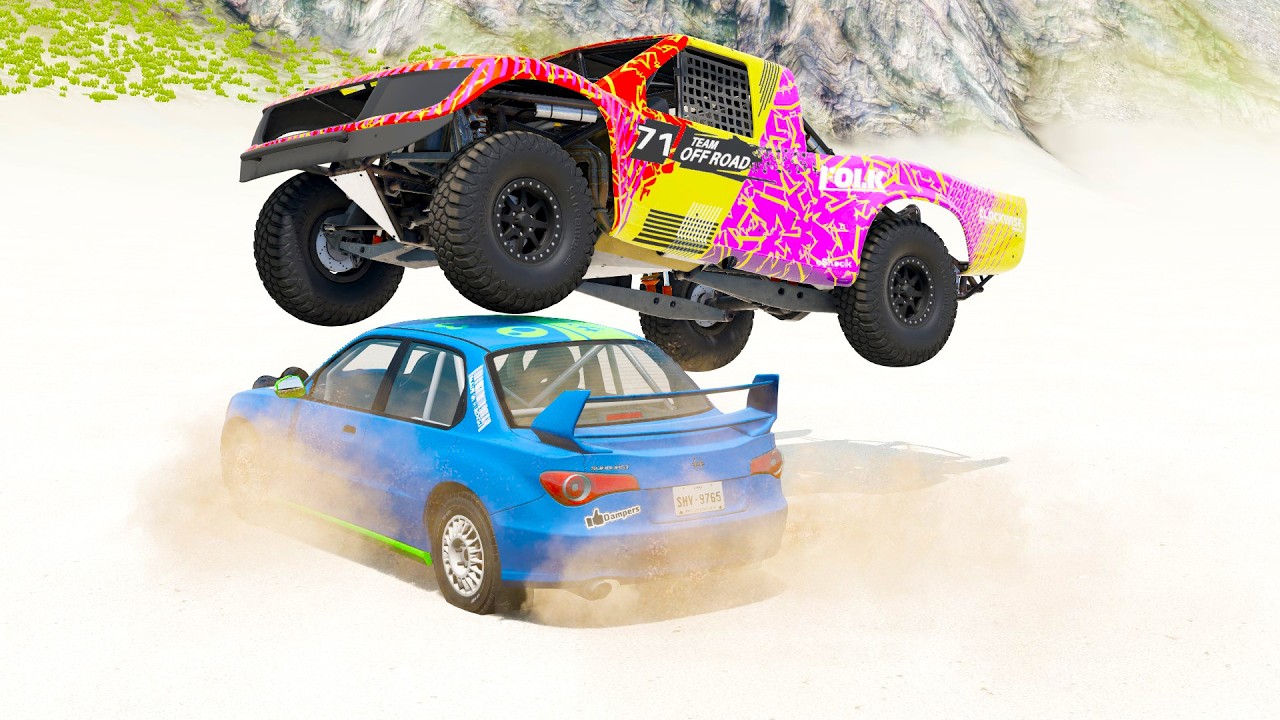 Double Flatbed Trailer Truck vs Speedbumps Train vs Cars | Tractor vs Train Beamng.Drive
